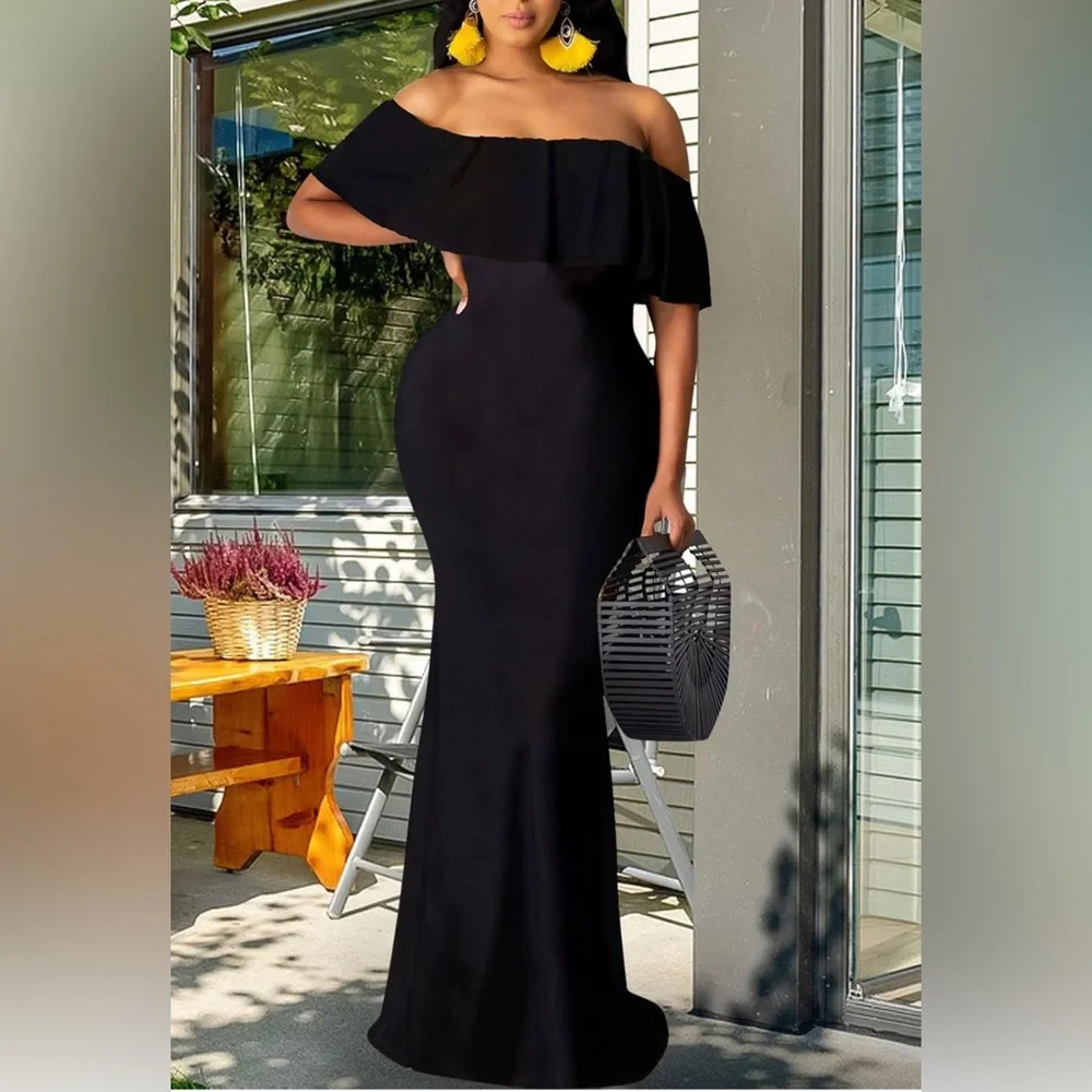 NEW Off The Shoulder Maxi Dress Black Ruffle Evening Party Long Dress Size L - Picture 8 of 12